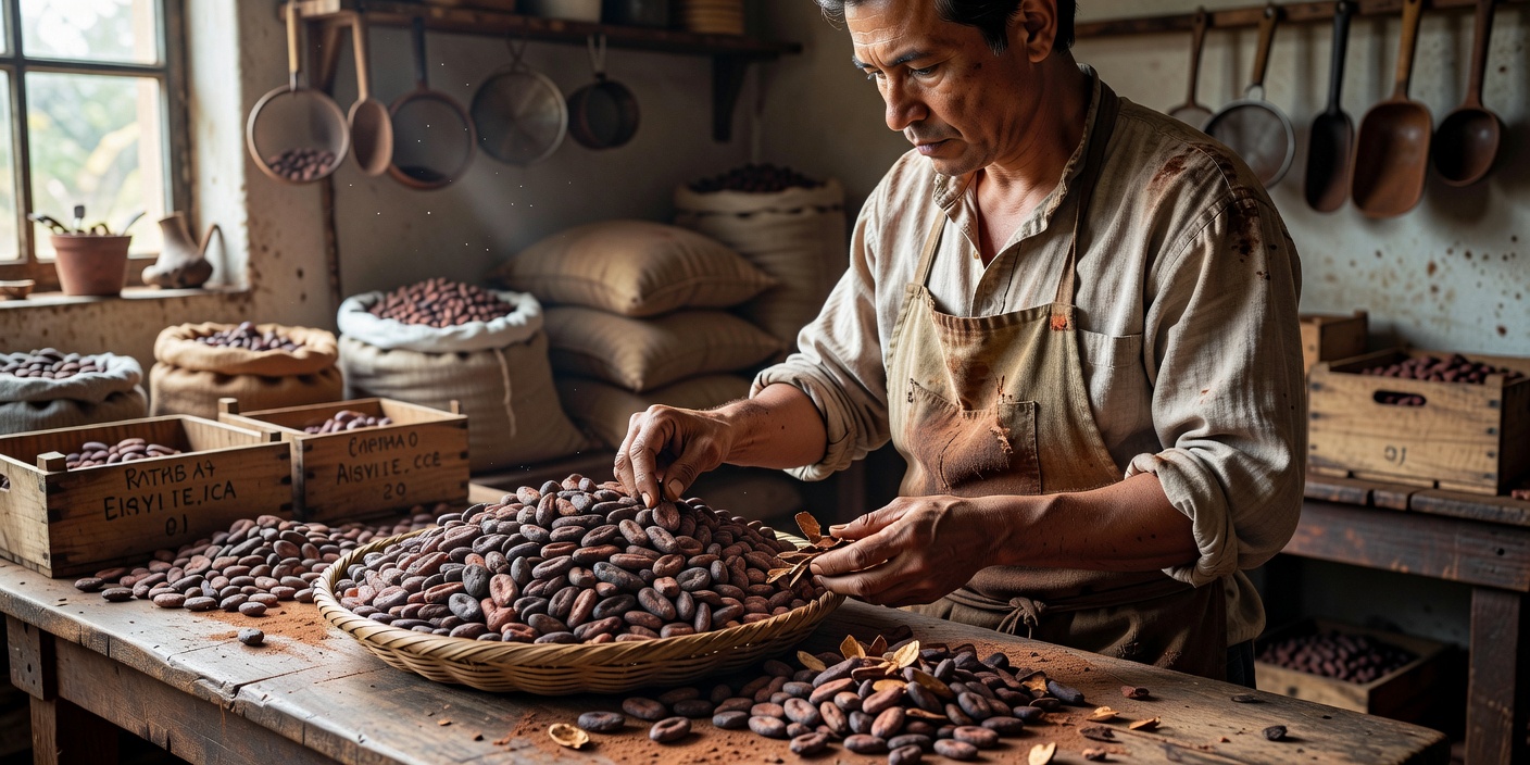 Artisan chocolate maker sorting roasted cacao beans by hand