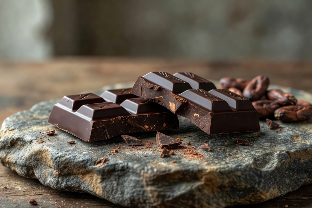Artisan single-origin dark chocolate bar broken on stone slab