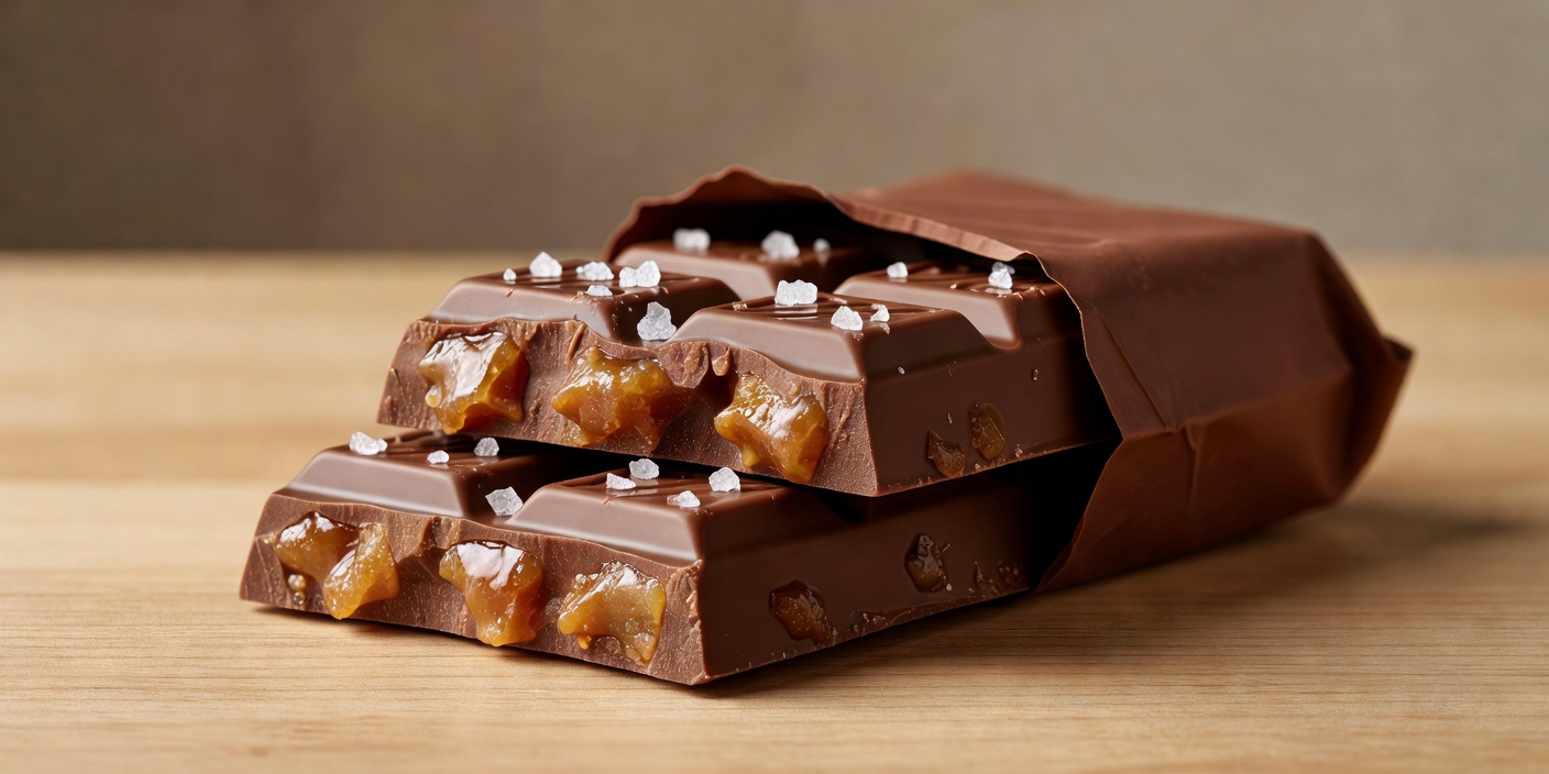 Tony's Chocolonely milk chocolate bar with sea salt and crunchy caramel chunks